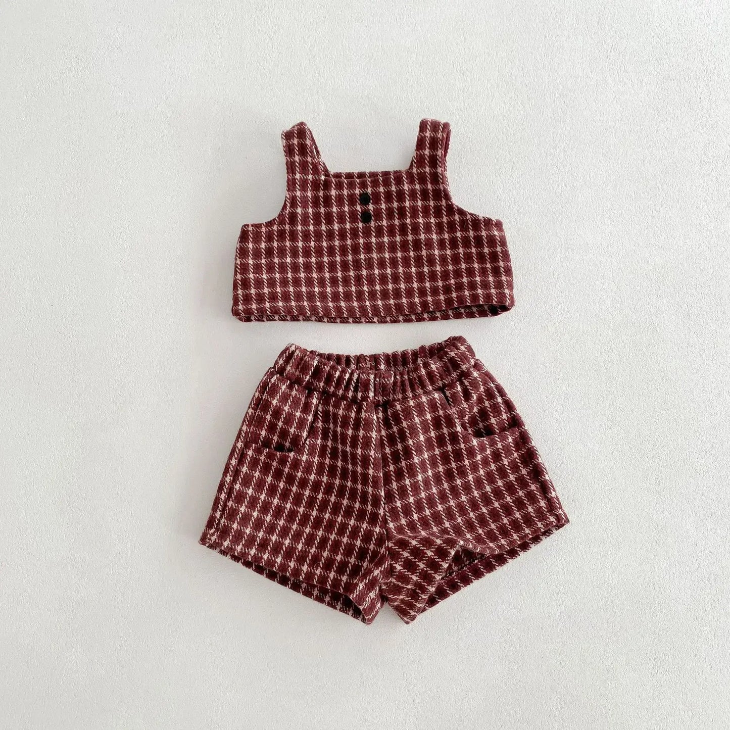 長袖セットアップ red 2pcs set / 73cm 6-9M ベビートップス/セットアップ 2点セット 丸襟ステッチ長袖ブラウス/レトロチェックベスト+ショートパンツ【mh0007445】