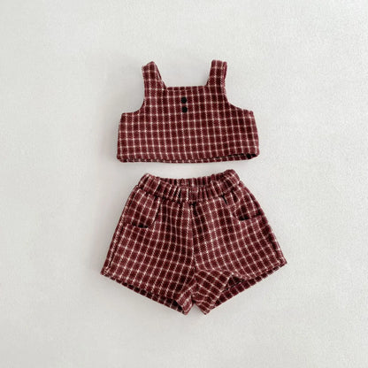 長袖セットアップ red 2pcs set / 73cm 6-9M ベビートップス/セットアップ 2点セット 丸襟ステッチ長袖ブラウス/レトロチェックベスト+ショートパンツ【mh0007445】