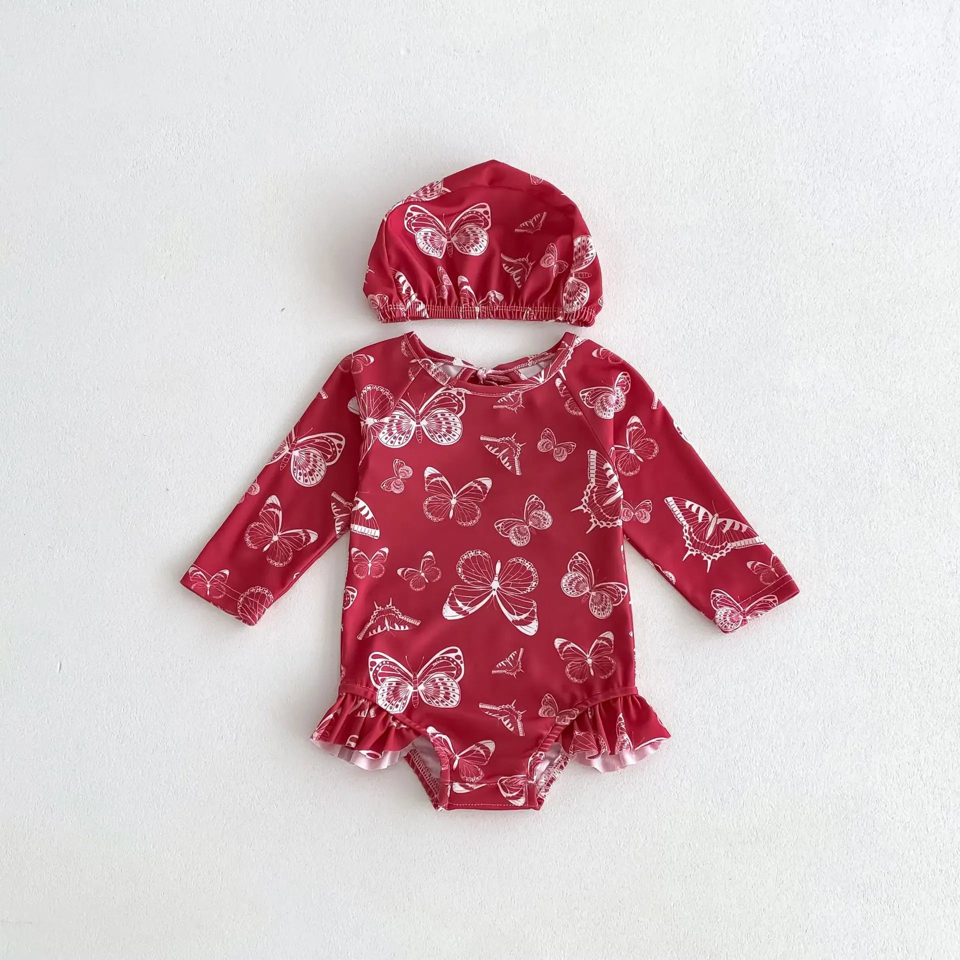 ベビー用水着 Red / 66cm ベビー水着 長袖ワンピース 帽子セット スイムウェア ラッシュガード  フラワー花柄プリント【mh0005109】