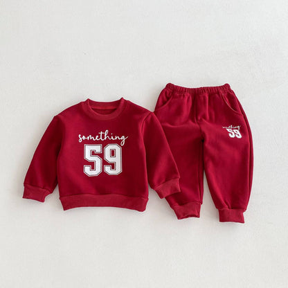 長袖セットアップ Red / 80cm 長袖スウェットトレーナー+スウェットパンツ セットアップ 2点セット 裏起毛厚手 暖か 防寒 ロゴプリント カジュアル 韓国風【mh0011374】