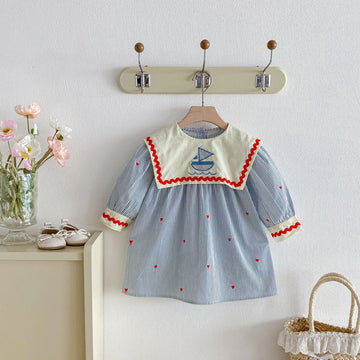 長袖ワンピース Sailboat Embroidered Striped Dress ヨット刺繍 ストライプ ワンピース【mh0011955】