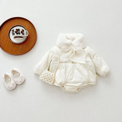 アウタージャンプスーツ short / 6M  66CM ベビーアウタージャンプスーツ/ロンパース ボアフリースマフラー付きキルティング防寒長袖ボディスーツ【mh0007813】