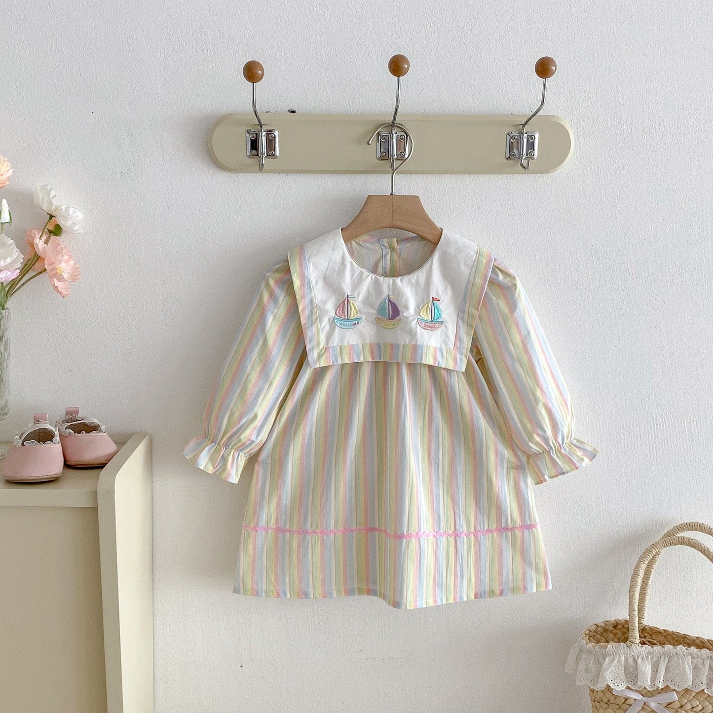 長袖ワンピース Stripe / 80cm ヨット刺繍襟パステルストライプ長袖ワンピース【mh0010667】