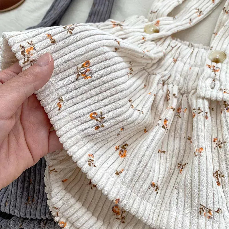 長袖セットアップ ベビートップス/ブルマ 長袖襟付きTシャツブラウス/コーデュロイサスペンダースカート 2カラー【mh0006469】