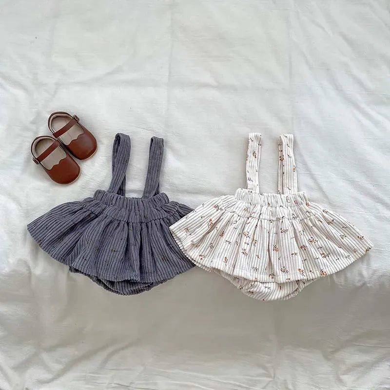 長袖セットアップ ベビートップス/ブルマ 長袖襟付きTシャツブラウス/コーデュロイサスペンダースカート 2カラー【mh0006469】