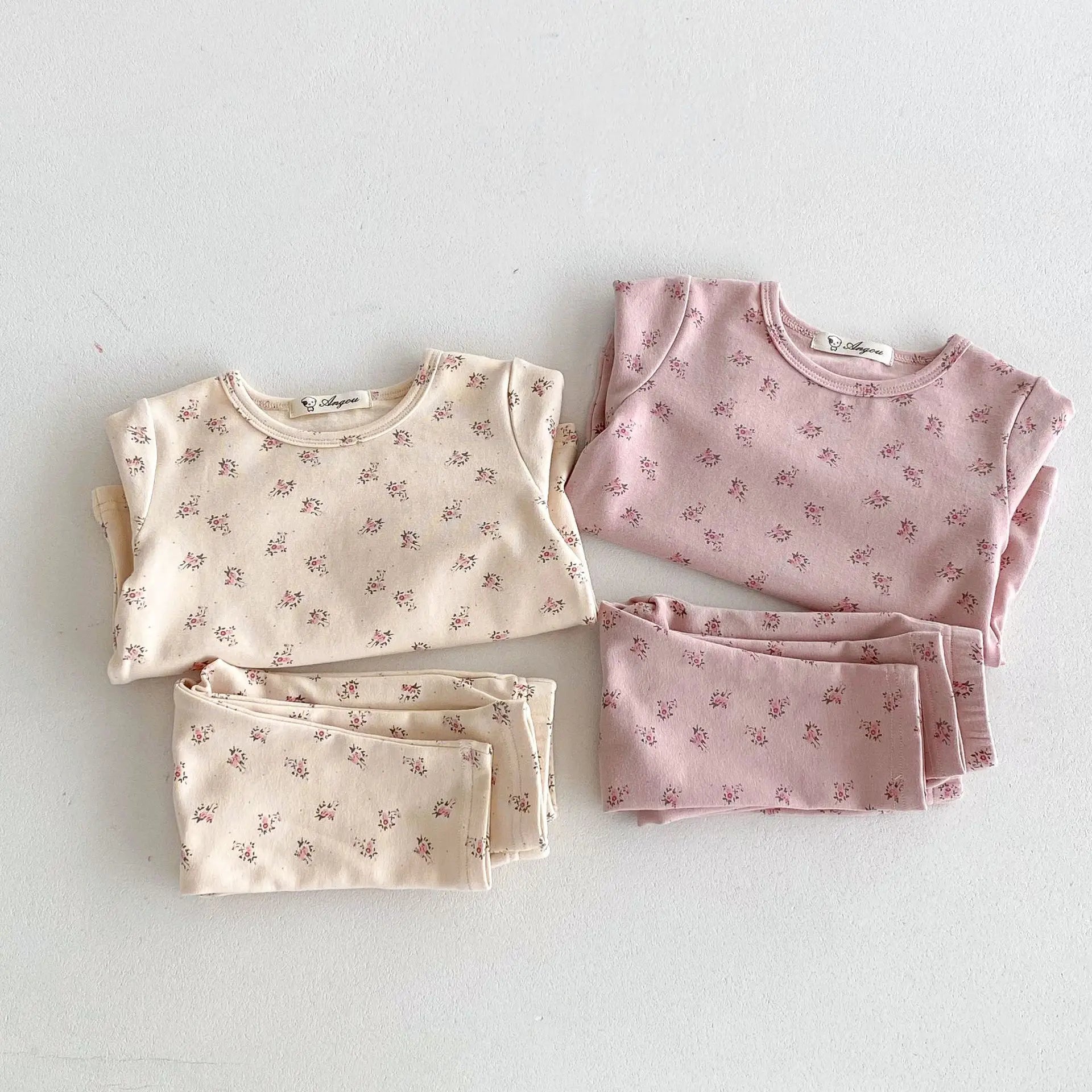 長袖セットアップ キッズパジャマセット フラワー小花柄プリント長袖Tシャツ+ロングパンツ 2カラー【mh0006974】