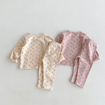 長袖セットアップ キッズパジャマセット フラワー小花柄プリント長袖Tシャツ+ロングパンツ 2カラー【mh0006974】