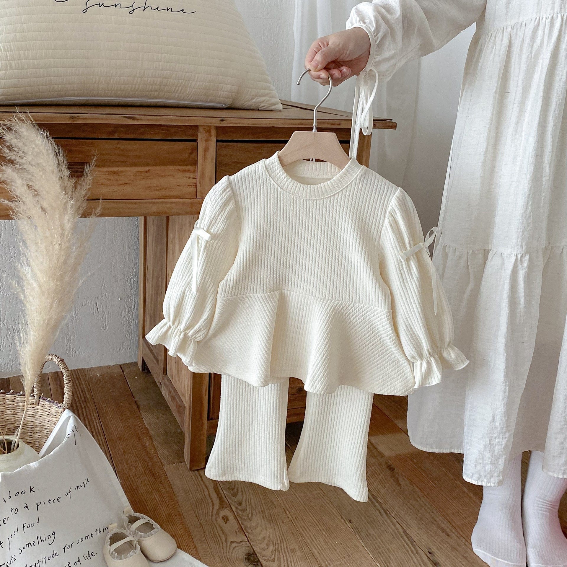 長袖セットアップ リボンフリル長袖チュニックTシャツ+フレアパンツセットアップ 2点セット【mh0010658】