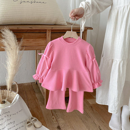 長袖セットアップ リボンフリル長袖チュニックTシャツ+フレアパンツセットアップ 2点セット【mh0010658】