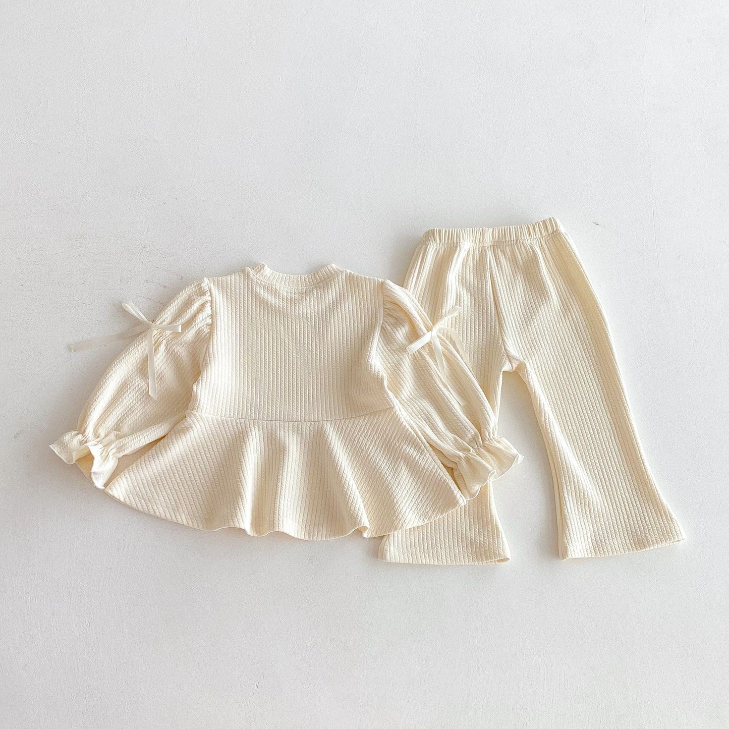 長袖セットアップ リボンフリル長袖チュニックTシャツ+フレアパンツセットアップ 2点セット【mh0010658】