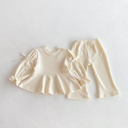 長袖セットアップ リボンフリル長袖チュニックTシャツ+フレアパンツセットアップ 2点セット【mh0010658】