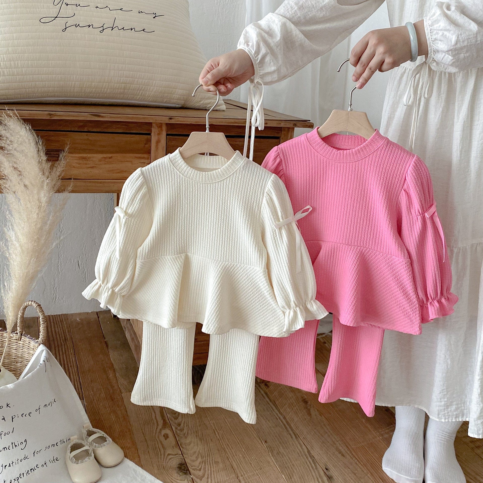 長袖セットアップ リボンフリル長袖チュニックTシャツ+フレアパンツセットアップ 2点セット【mh0010658】