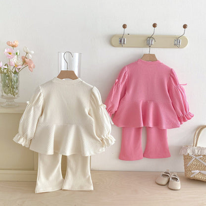 長袖セットアップ リボンフリル長袖チュニックTシャツ+フレアパンツセットアップ 2点セット【mh0010658】