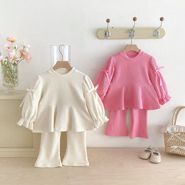 長袖セットアップ リボンフリル長袖チュニックTシャツ+フレアパンツセットアップ 2点セット【mh0010658】