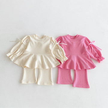 長袖セットアップ リボンフリル長袖チュニックTシャツ+フレアパンツセットアップ 2点セット【mh0010658】