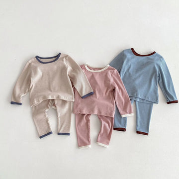 長袖パジャマ キッズパジャマセット シンプルベーシック長袖Tシャツ+パンツ ルームウェア 3カラー【mh0006825】