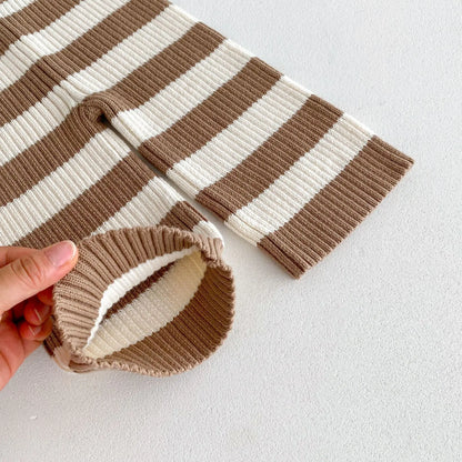 長袖セットアップ キッズトップス/パンツ ボーダーリブニット長袖Tシャツ/ルーズワイドニットパンツ【mh0007046】