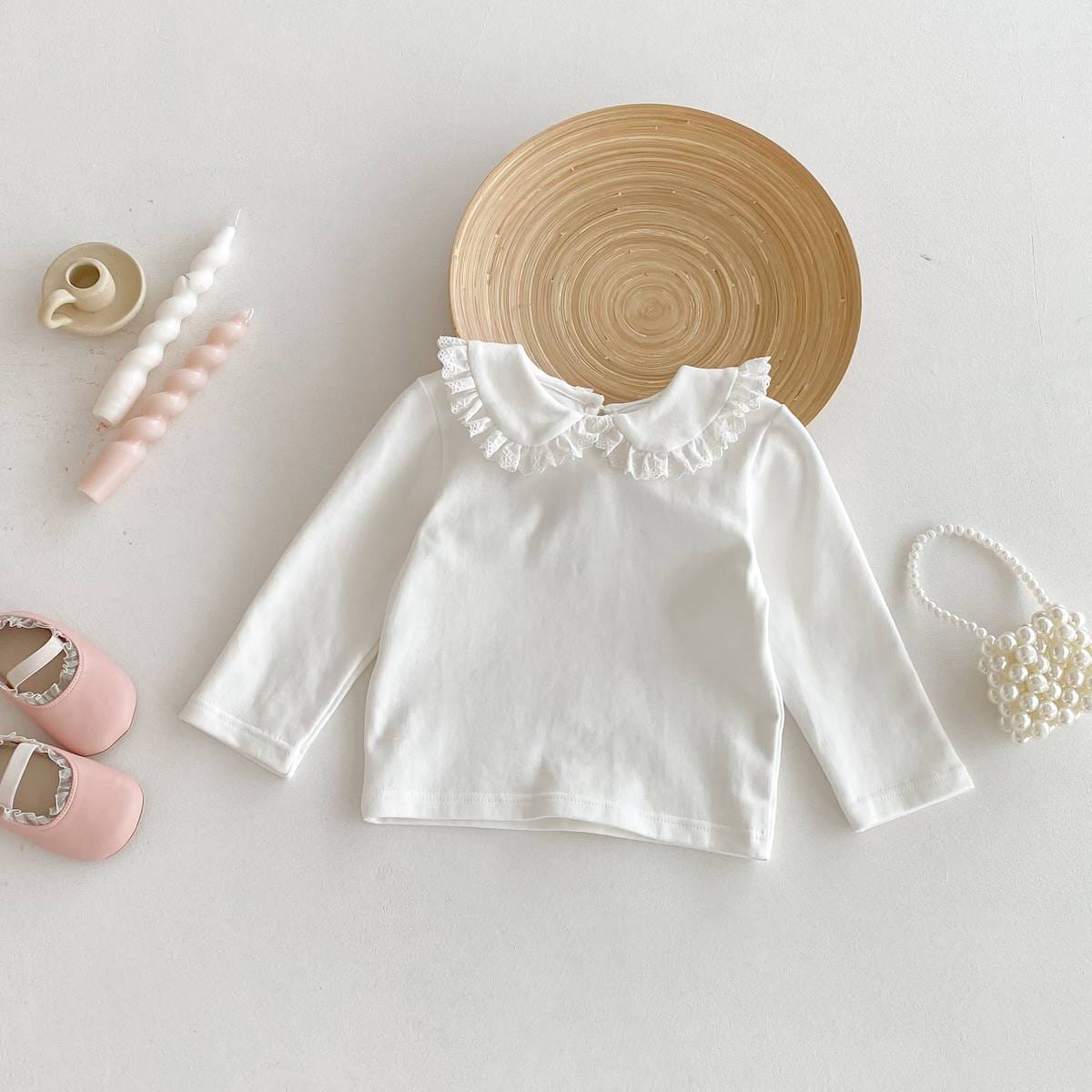 長袖シャツ・ブラウス 長袖Tシャツ カットソー フリル レース襟 付け襟風 シンプル インナー【mh0011386】