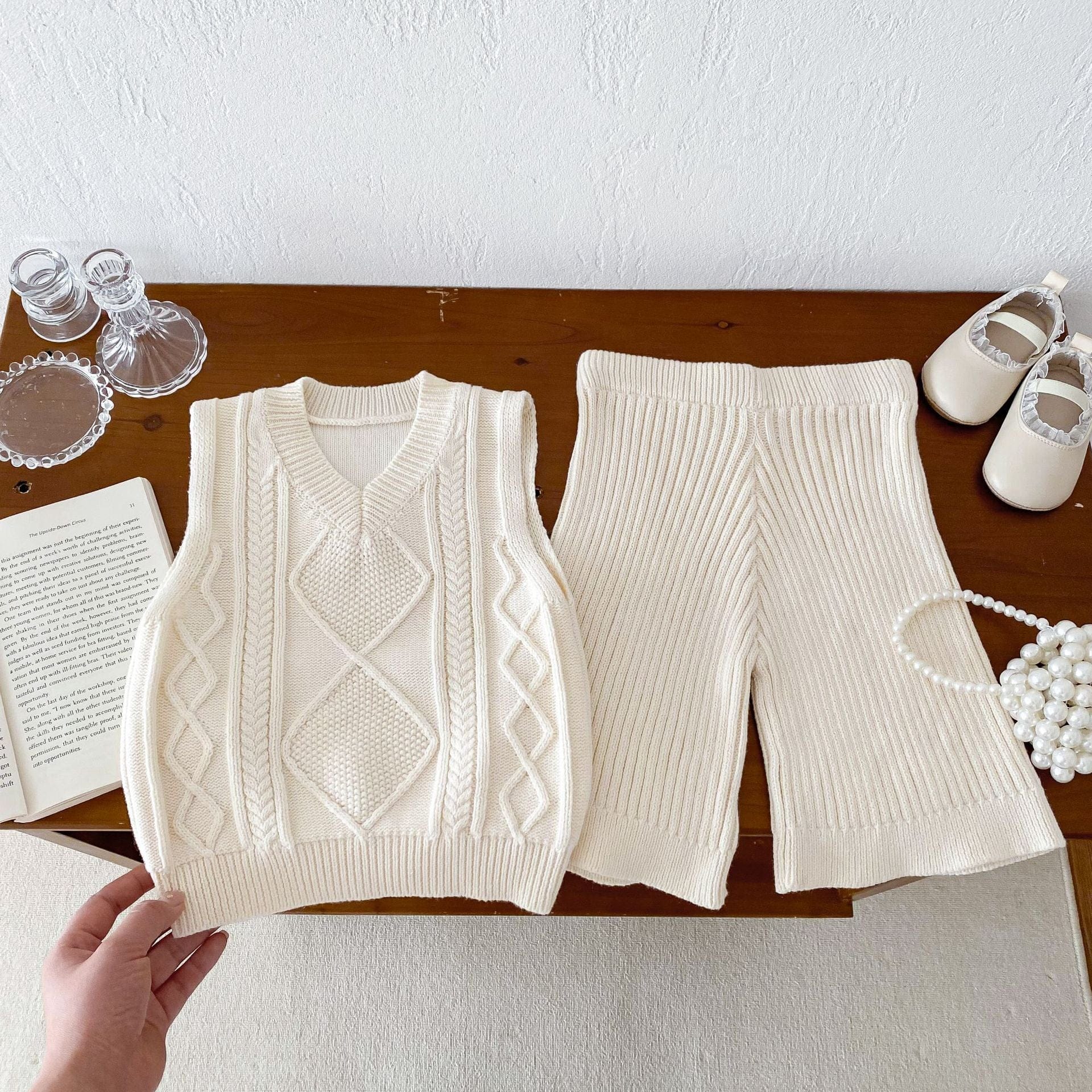 ノースリーブセットアップ Vネックニットベストニットワイドフレアパンツ【mh0010684】