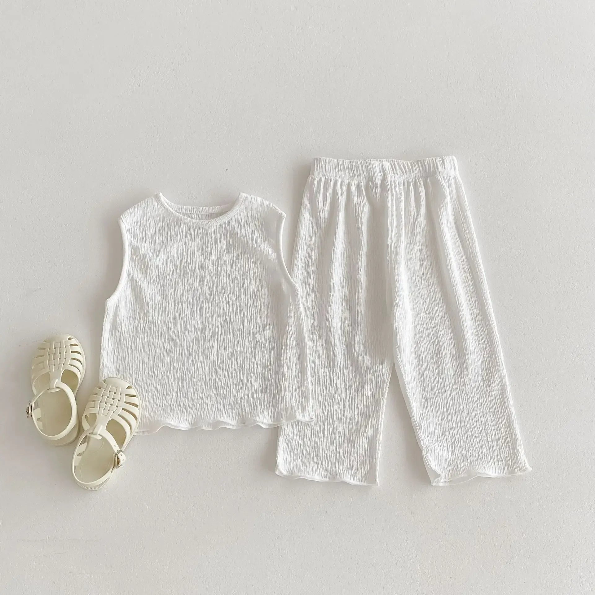 ノースリーブセットアップ White / 12M  80CM キッズセットアップ 2点セット ノースリーブシャツ+ワイドルーズロングパンツ 無地 3カラー【mh0005573】