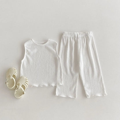 ノースリーブセットアップ White / 12M  80CM キッズセットアップ 2点セット ノースリーブシャツ+ワイドルーズロングパンツ 無地 3カラー【mh0005573】