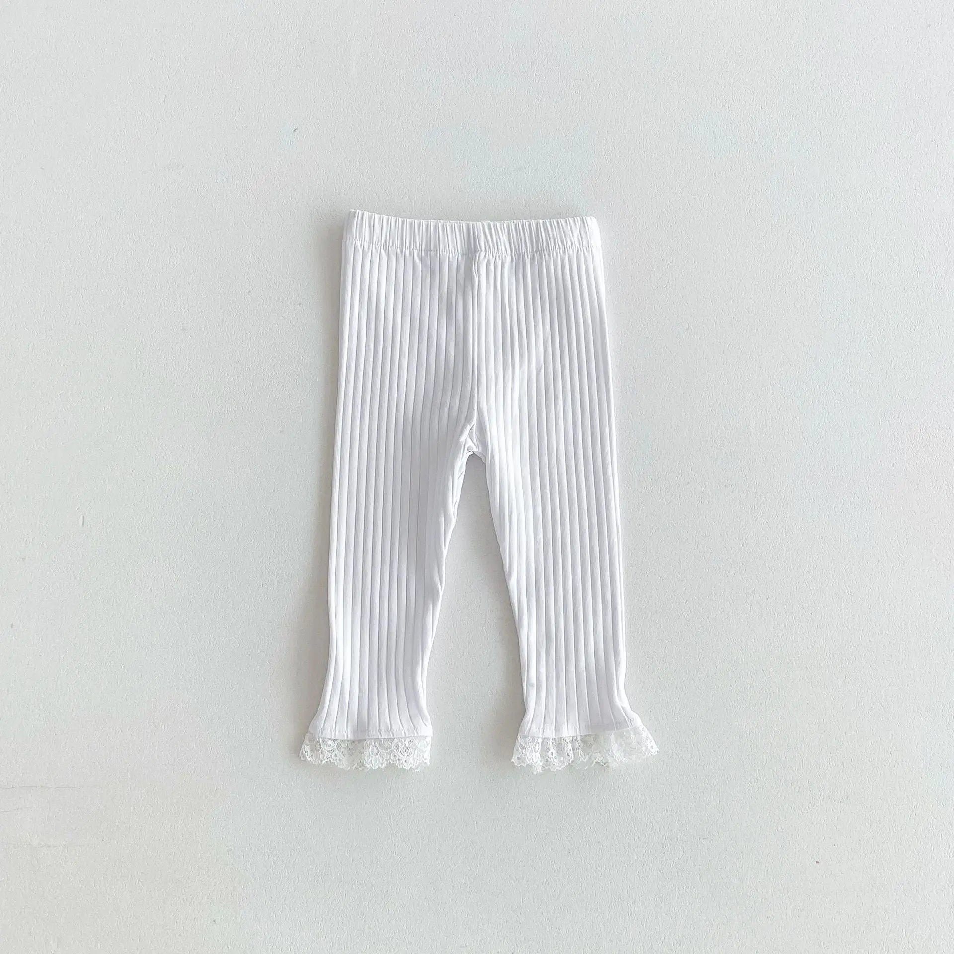 レギンスパンツ White / 12M  80CM キッズパンツ 裾レースリブニットレギンスパンツ 3カラー【mh0007030】