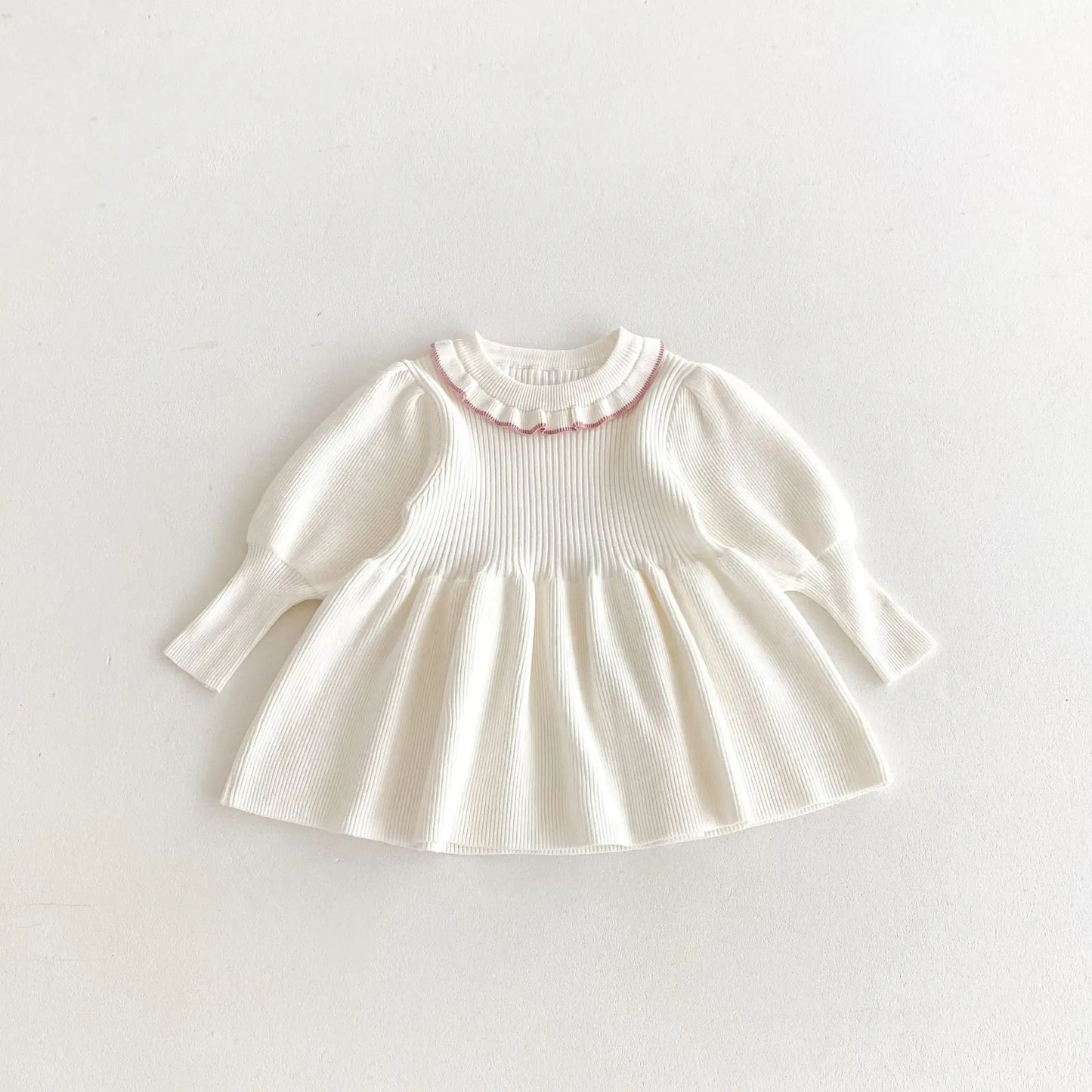 長袖ワンピース White / 12M  80CM キッズワンピース ニット 長袖パフスリーブワンピース 4カラー【mh0006628】