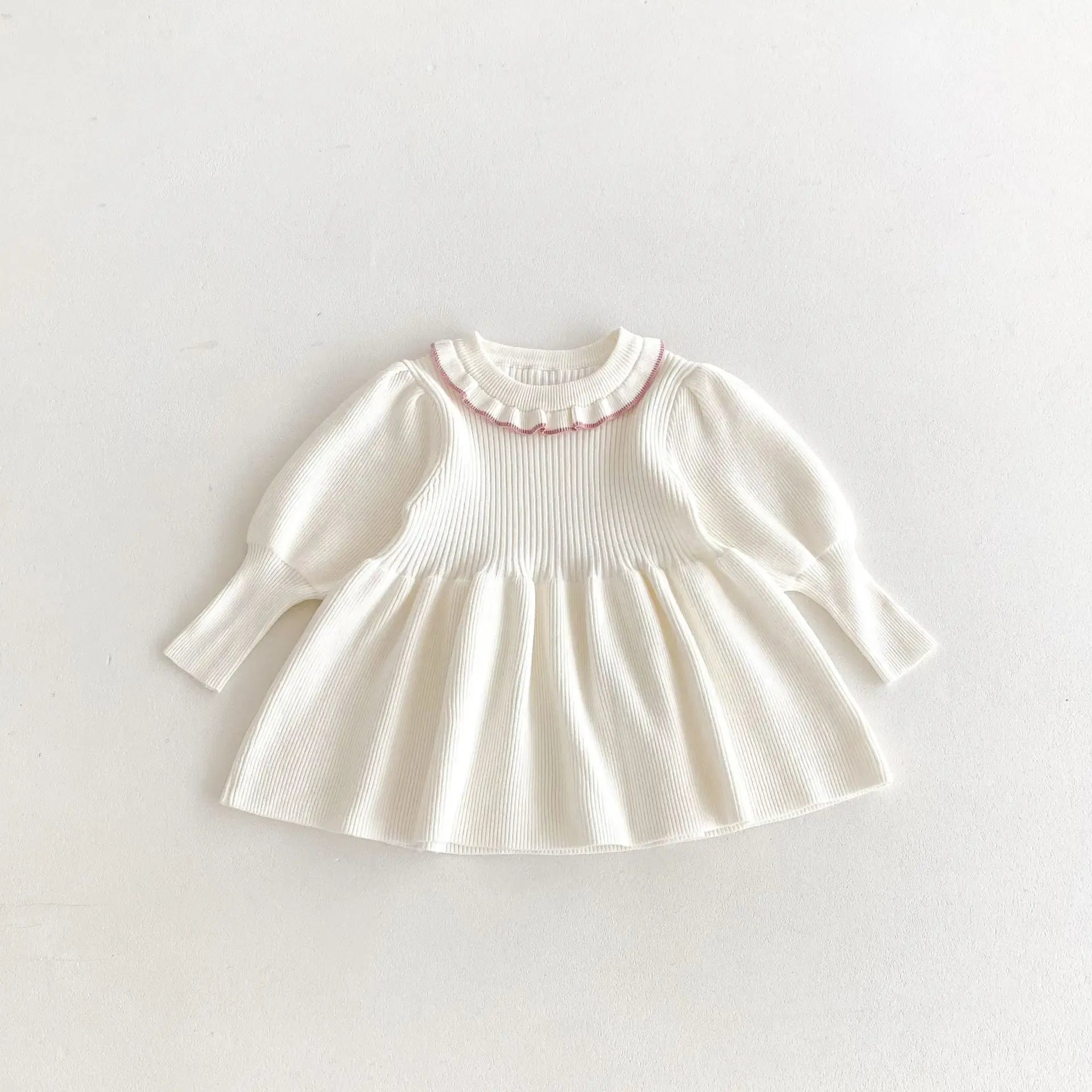 長袖ワンピース White / 12M  80CM キッズワンピース ニット 長袖パフスリーブワンピース 4カラー【mh0006628】