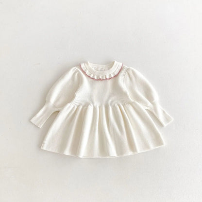 長袖ワンピース White / 12M  80CM キッズワンピース ニット 長袖パフスリーブワンピース 4カラー【mh0006628】