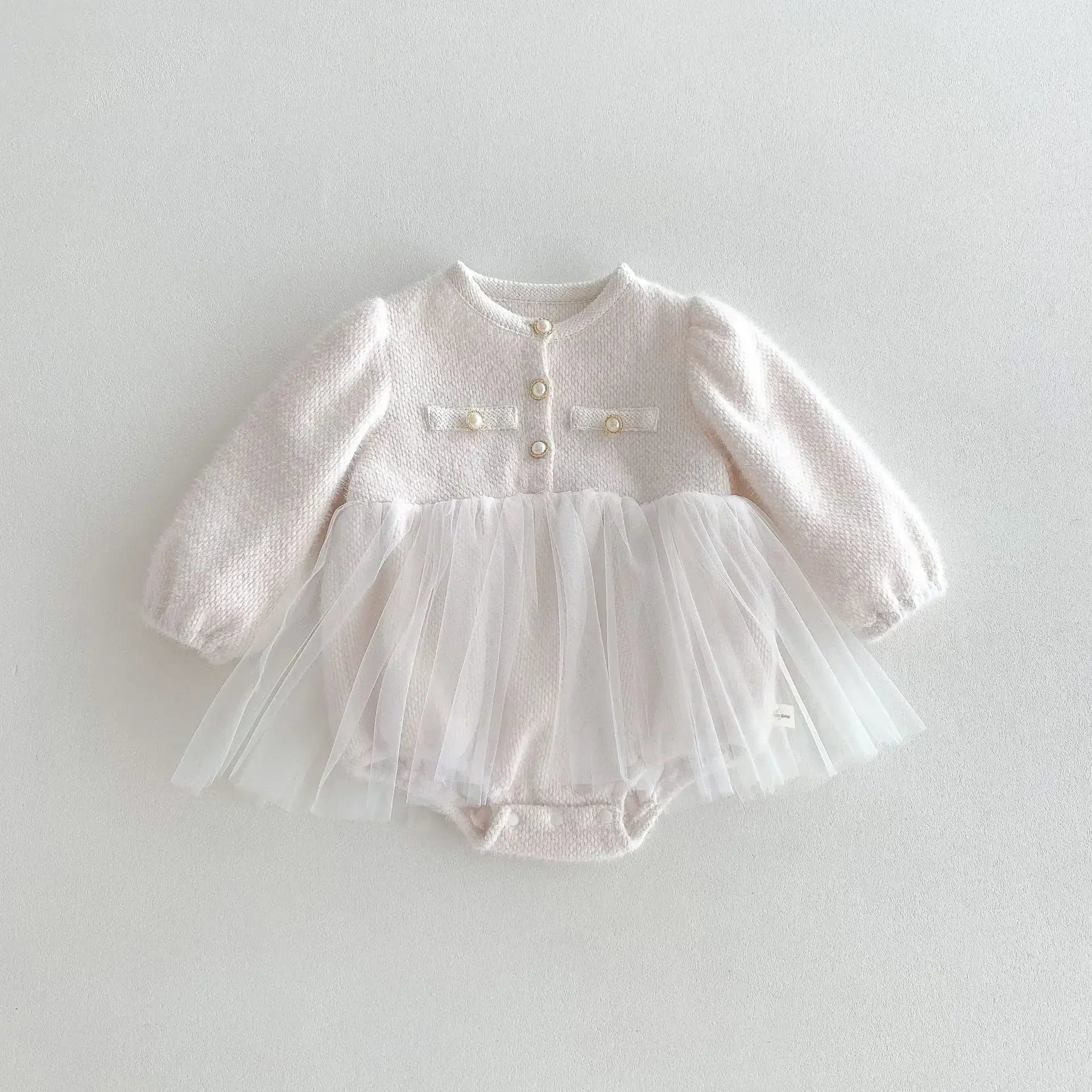 長袖ロンパース White / 66cm 0-6m ベビーロンパース パールボタンジャケット風チュチュスカートドッキング長袖ドレスボディスーツ 2カラー【mh0007283】