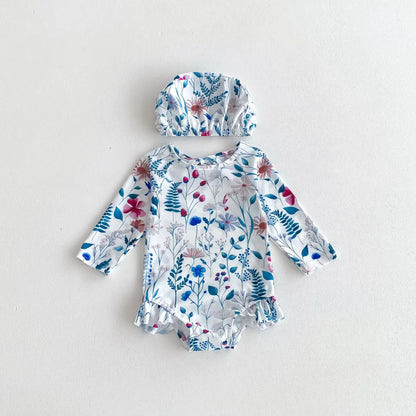 ベビー用水着 White / 66cm ベビー水着 長袖ワンピース 帽子セット スイムウェア ラッシュガード  フラワー花柄プリント【mh0005109】