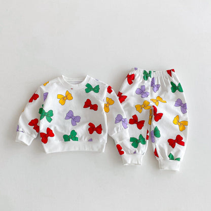 長袖セットアップ White / 80cm カラフルリボンプリント長袖スウェットシャツ+ロングスウェットパンツセットアップ 2点セット【mh0010693】