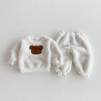 長袖セットアップ White / 80cm 長袖トレーナー+スウェットパンツ セットアップ 2点セット ボア生地 くまうさぎ アップリケ あったか【mh0011381】