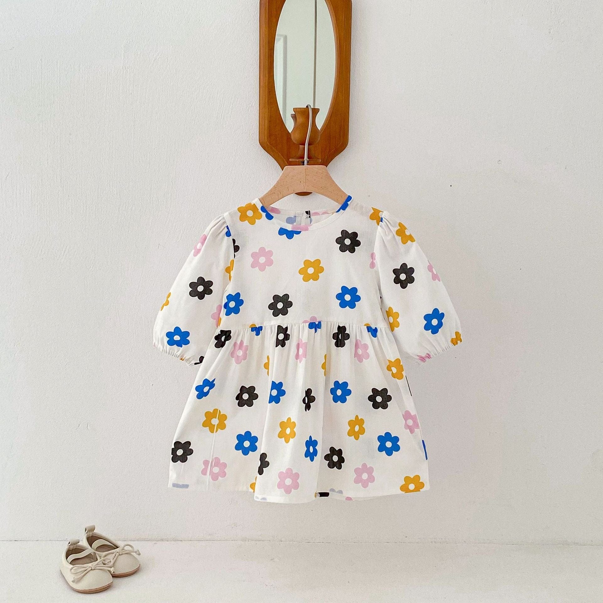 長袖ワンピース White / 80cm レトロカラフルフラワープリント長袖ワンピース【mh0009258】