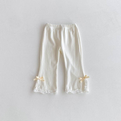 レギンスパンツ White / 80cm レギンスパンツ リブ生地 裾レースフリル スリットリボン フレア【mh0011393】
