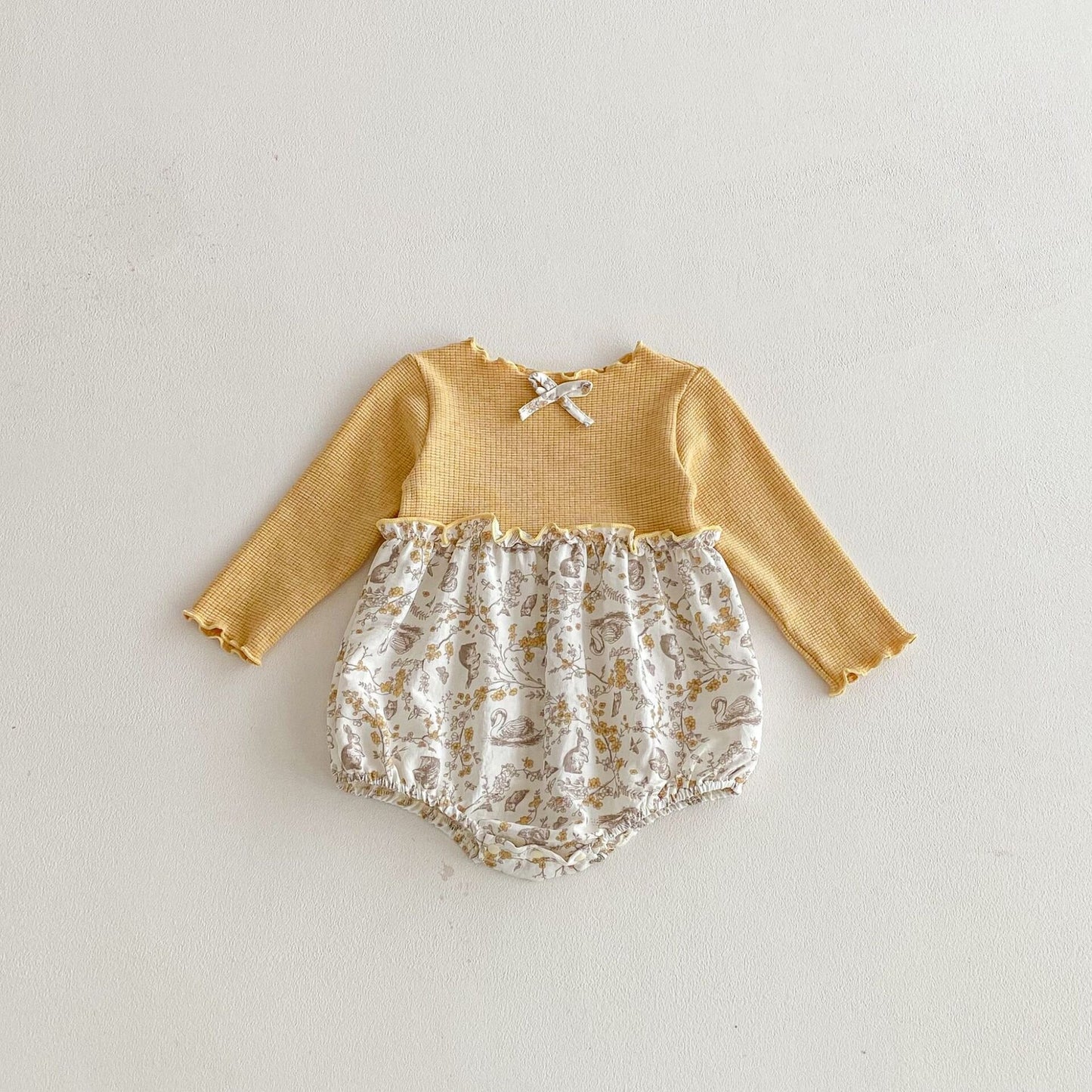 長袖ロンパース Yellow / 66cm Ribbed Floral Animal Jumpsuit 花柄 リブ 切り替え ロンパース【mh0012100】