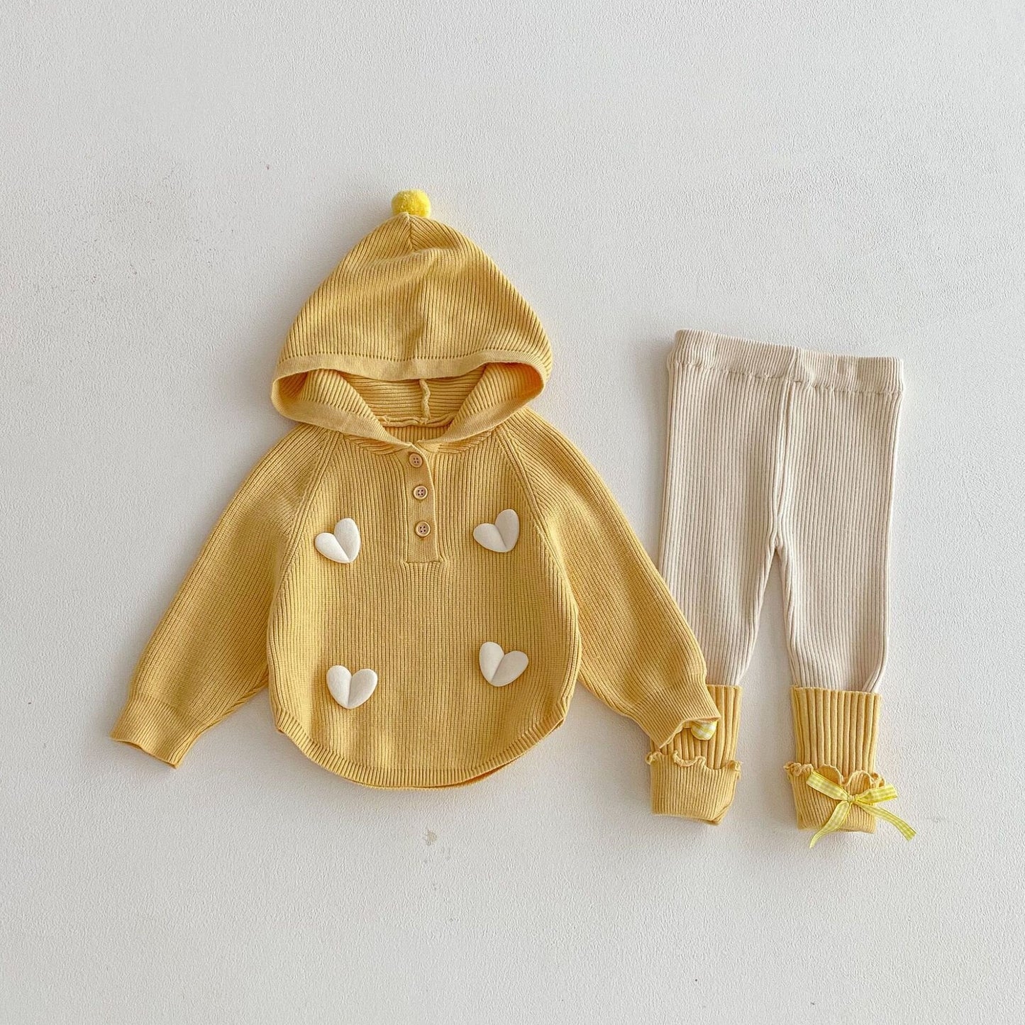 長袖セットアップ Yellow / 73cm Hooded Heart Knitted Set ハート 立体編み ニット セットアップ【mh0012099】