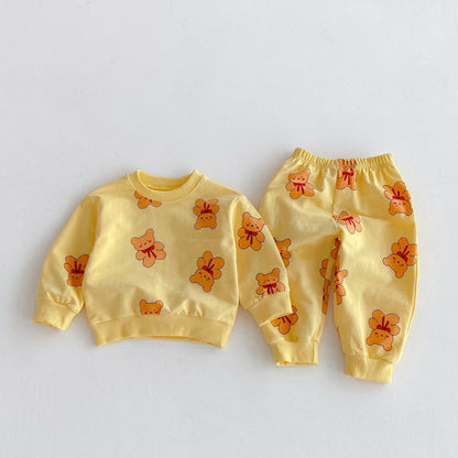 長袖セットアップ Yellow / 80cm ベアくまプリント長袖スウェットシャツ+ロングパンツセットアップ 2点セット【mh0010682】