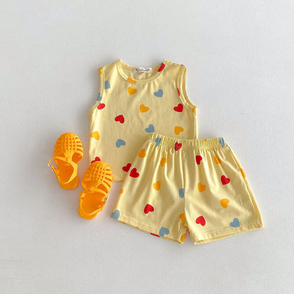 ノースリーブセットアップ Yellow / 80cm 9-12M キッズセットアップ 2点セット タンクトップ+ショートパンツ カラフルハート/水玉ドットプリント 2カラー【mh0005253】