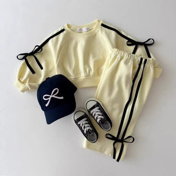 長袖セットアップ Yellow / 80cm 9-12M ベビーキッズセットアップ 2点セット リボンサイドライン長袖スウェットシャツ+スウェットパンツ 2カラー【mh0007353】