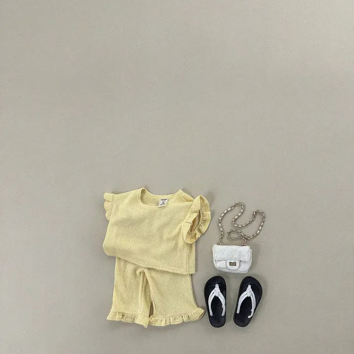 半袖セットアップ Yellow / 80cm 9-12M キッズセットアップ 2点セット フリルスリーブTシャツ+裾フリルルーズロングパンツ 4カラー【mh0005388】