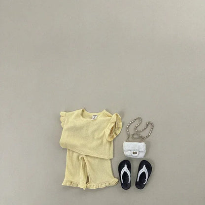 半袖セットアップ Yellow / 80cm 9-12M キッズセットアップ 2点セット フリルスリーブTシャツ+裾フリルルーズロングパンツ 4カラー【mh0005388】