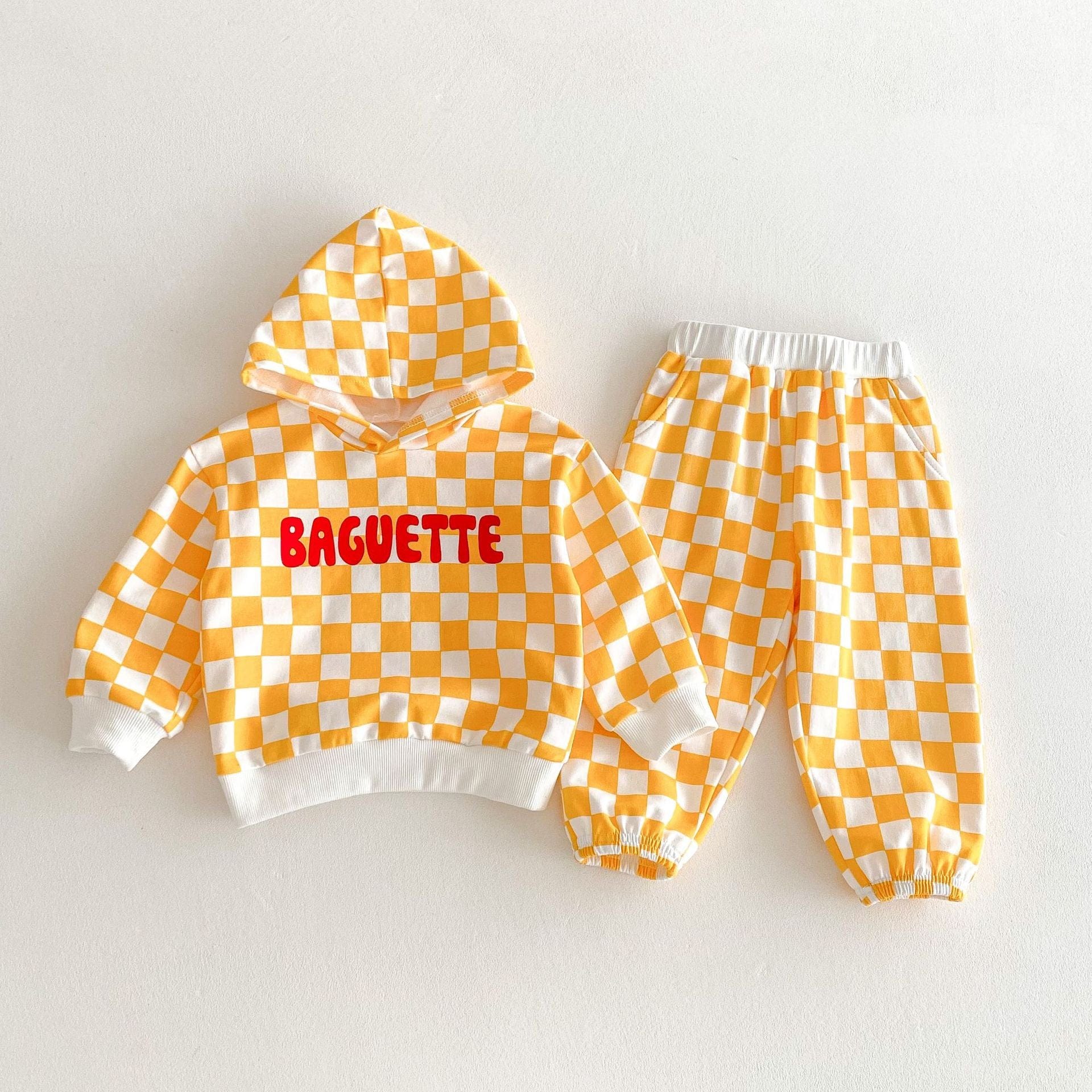 長袖セットアップ Yellow / 80cm チェックスウェットセットアップ  フーディスウェットパーカー+ロングスウェットパンツ【mh0009250】