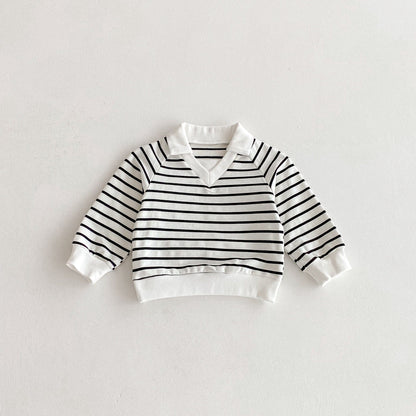 長袖Tシャツ Black / 80cm ボーダーVネック襟付きラガーシャツ【mh0010690】