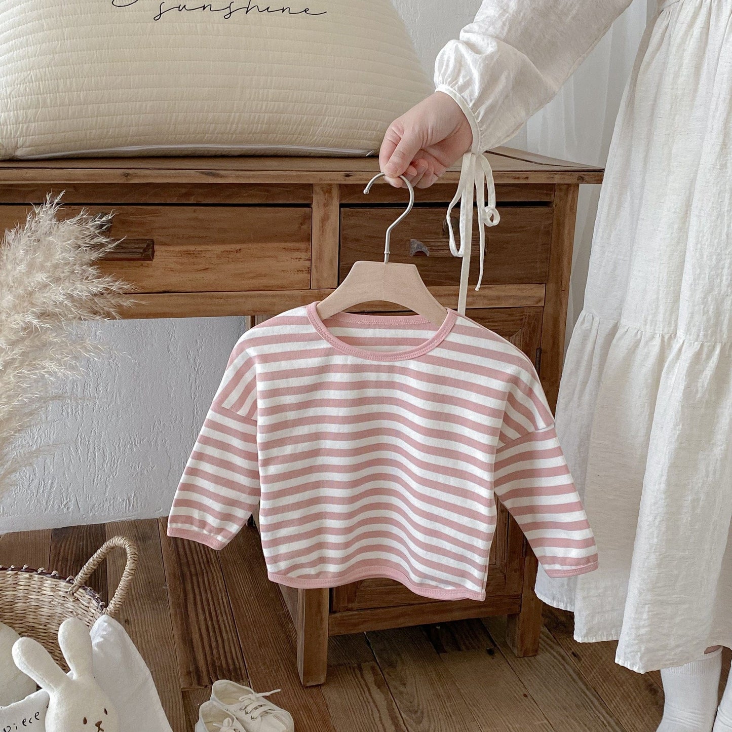 長袖Tシャツ Pink / 80cm ボーダーパッチワーク長袖Tシャツ【mh0010691】
