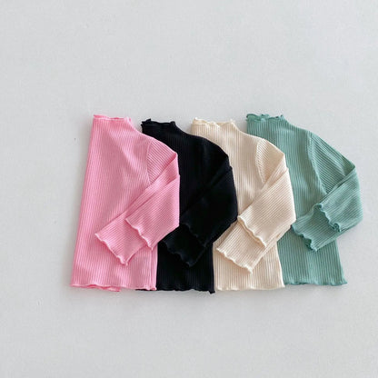 長袖Tシャツ キッズトップス フリルハイネック ボトルネック 長袖Tシャツ シンプルベーシック 4カラー【mh0006378】