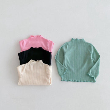 長袖Tシャツ キッズトップス フリルハイネック ボトルネック 長袖Tシャツ シンプルベーシック 4カラー【mh0006378】
