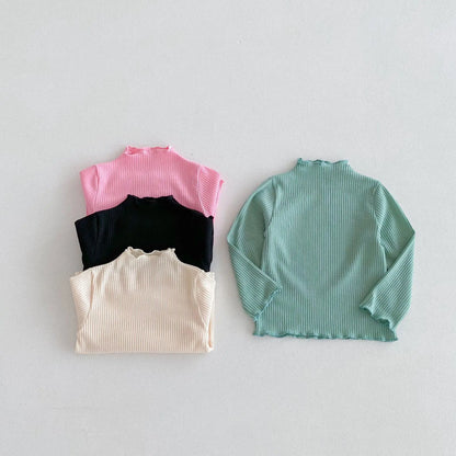 長袖Tシャツ キッズトップス フリルハイネック ボトルネック 長袖Tシャツ シンプルベーシック 4カラー【mh0006378】