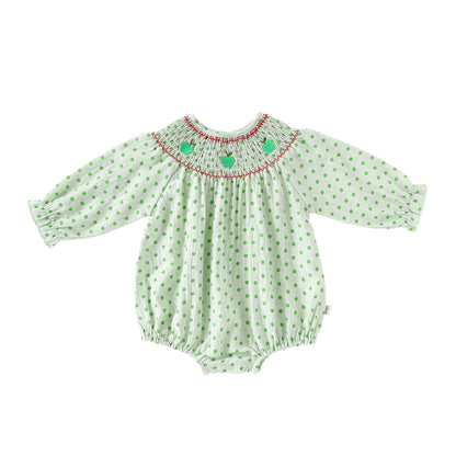 Apple Embroidered Romper アップル刺繍 長袖/半袖ロンパース【mh0012348】 66cm / Green polka dot long-sleeved fart wrap mamahalo shop