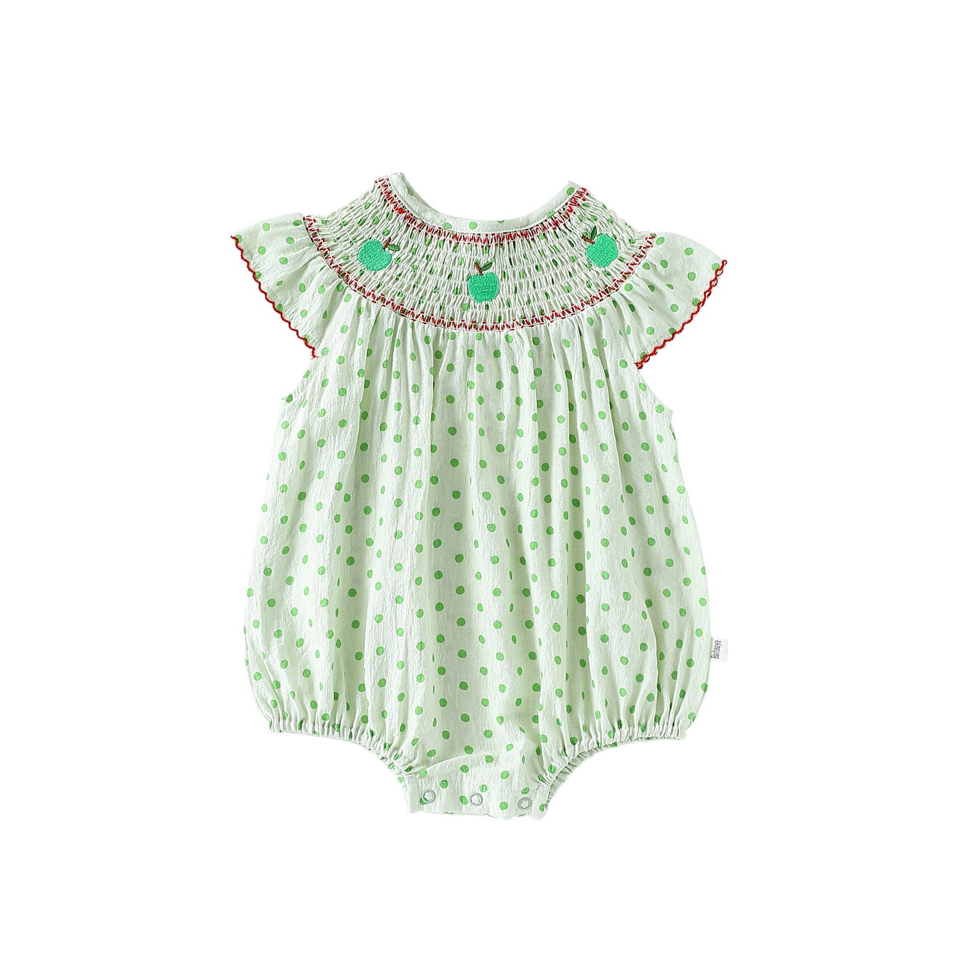 Apple Embroidered Romper アップル刺繍 長袖/半袖ロンパース【mh0012348】 66cm / Green polka dot short-sleeved fart wrap mamahalo shop